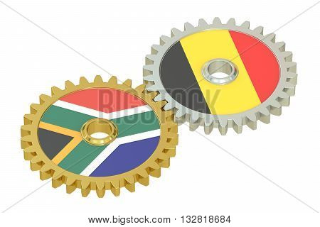South Africa and Belgium relations concept flags on a gears. 3D rendering isolated on white background