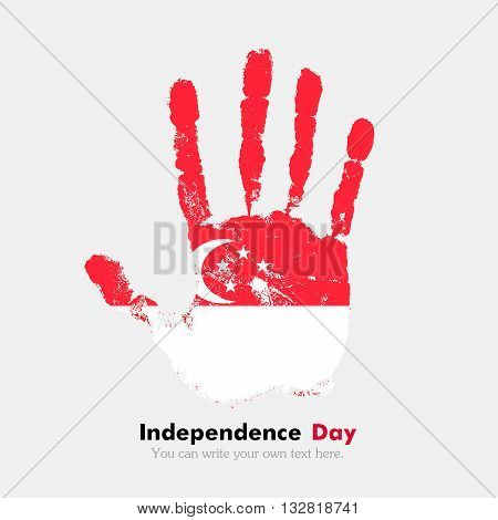 Hand print, which bears the Flag of Singapore. Independence Day. Grunge style. Grungy hand print with the flag. Hand print and five fingers. Used as an icon, card, greeting, printed materials.