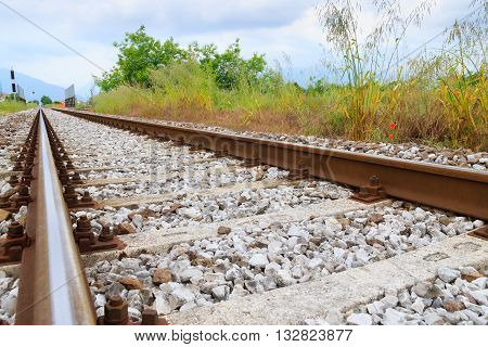 Train tracks in perspective. Transportation outdoor. Industrial