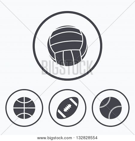 Sport balls icons. Volleyball, Basketball, Baseball and American football signs. Team sport games. Icons in circles.