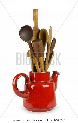 kettle with kitchen tools Rolling pin spoon
