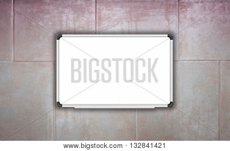 Blank white baord on ceramic tiles wall texture background, stock photo