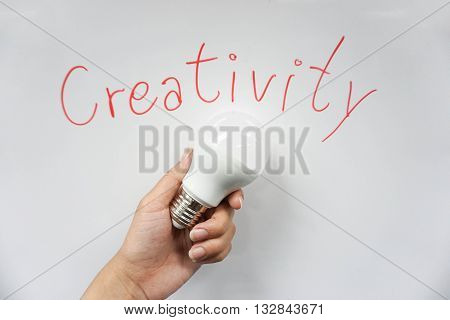 Concept wording of creativity with LED bulb in hand