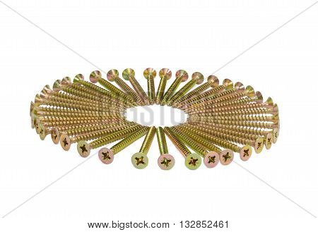 Zinc plated chipboard screws with countersunk heads stacked in a circle closeup on a light background