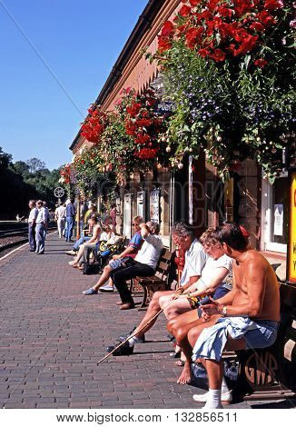HIGHLEY, UK - JULY 18, 1993 - Tourists waiting on the platform of Highley Railway station Highley Shropshire England UK Western Europe, July 18, 1993.