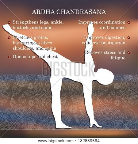 Yoga pose infographics, benefits of practice Ardha Chandrasana