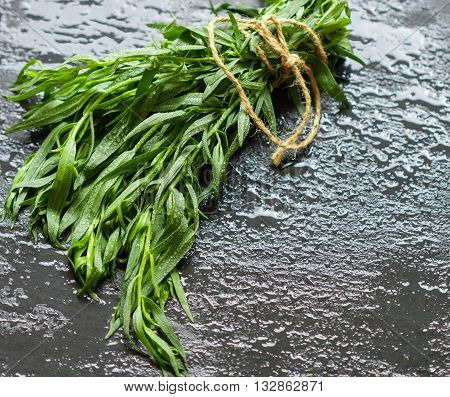 Tarragon. Estragon. Fresh sprigs of organic tarragon on a dark surface