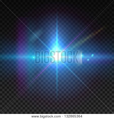 Realistic sun burst with flare. Lens flare illustration isolated on transparent grid.