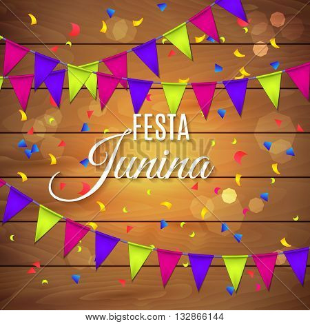Festa Junina Party Greeting Design With Garland And Explosion Of Colored Confetti. Vector Illustrati