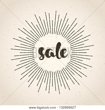 Vintage SALE poster. Grunge banner with sunburst. Hand written lettering. Aged paper with calligraphy elements. Vector illustration.