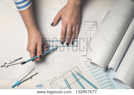 Workplace Of Architect - Architect Rolls And Plans. Architectural Plan,technical Project Drawing. En