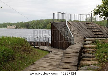 Koknese Latvia - 14 May 2016: Observation terrace with views of the Koknese castle ruins