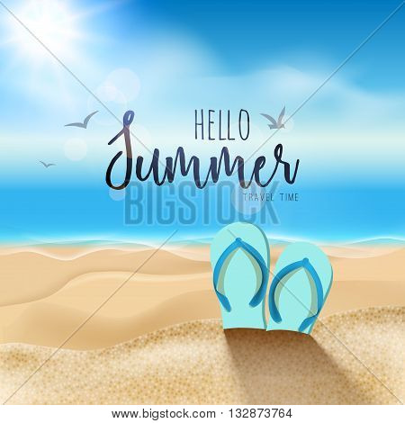 Summer beach travel design. Sum with sand and sandals