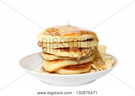 A pancake is a flat cake often thin and round prepared from a starch-based batter that may also contain eggs milk and butter and cooked on a hot surface such as a griddle or frying pan often with oil or butter. They may be served at any time with a variet