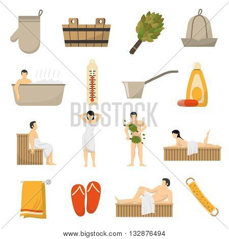 Bath sauna and spa resort accessories flat icons collection with towel thermometer bucket abstract isolated vector illustration