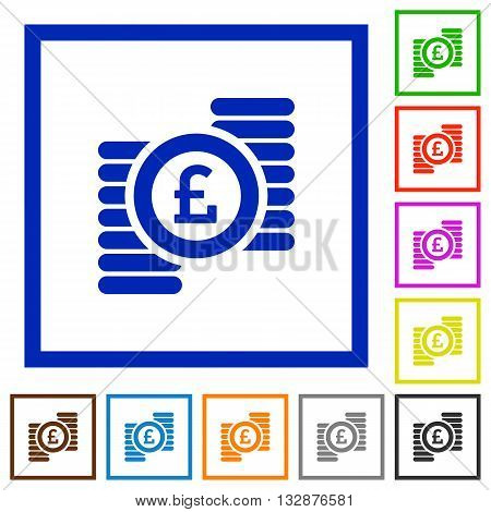 Set of color square framed Pound coins flat icons