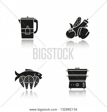 Steam cooking drop shadow black icons set. Vegetables, fish, water filter and steam cooker. Modern kitchenware. Steam cooking logo concepts. Vector illustrations