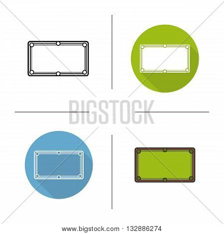 Billiard table flat design, linear and color icons set. Cue sports. Billiard. Contour and long shadow symbols. Billiard table logo concepts. Isolated vector illustrations. Infographic elements