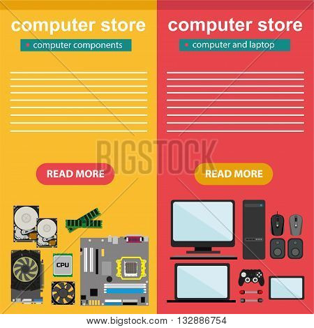 Flat design concept of computer store, sale of computers, laptops, components: motherboard, RAM, cooler, hard disk, cpu, video card and software and accessories