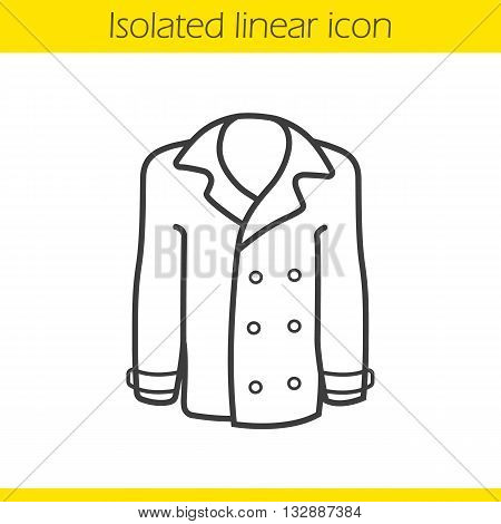 Coat linear icon. Men and women seasonal leather outerwear thin line illustration. Jacket contour symbol. Vector isolated outline drawing