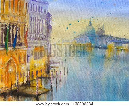 Venice architecture at Grand Canal at twiligh.Picture created with watercolors.