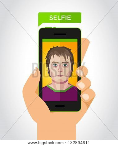 Vector illustration of a selfie with a smartphone and a human face in polygonal style.