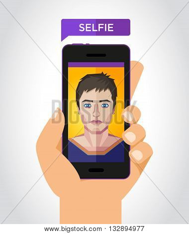 Vector illustration of a selfie with a smartphone and a human face in polygonal style.