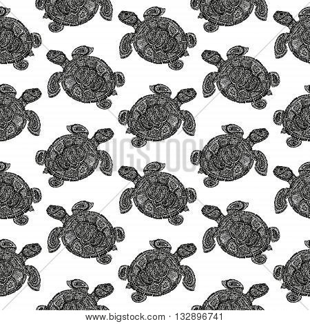 Sea Turtle Illustration In Paisley Mehndi Style Pattern.
