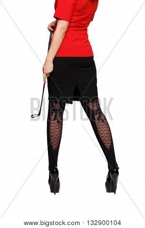 Sexy woman dominatrix body in red shirt black skirt whip and high heels bdsm. Isolated on white