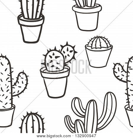 Seamless pattern with cactus. Pattern of cactus. Cacti in pots. Vector background. Cute cartoon cactus pattern.
