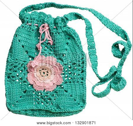 Knitted handmade blue Gift Bag isolated on white background