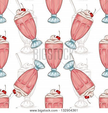 Seamless pattern color cherry milkshake scetch. Sketched fast food vector illustration. Background with drink for cafe, restaurant, eatery, diner, website or take away bag design