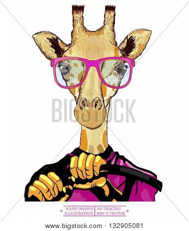 Giraffe driving a car hipster animals fashion illustration hand drawn vector