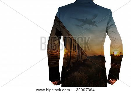 Double Exposure Of Businessman And Train, Airplane As Business Transportation Or Logistics Concept.