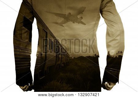 Double Exposure Of Businessman And Train, Airplane As Business Transportation Or Logistics Concept.