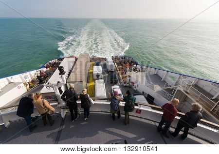 DUNKIRK FRANCE - OCTOBER 18 2015: Backside stern of a ferry boat with unknown passengers crossing the north sea channel from Dunkirk to Dover