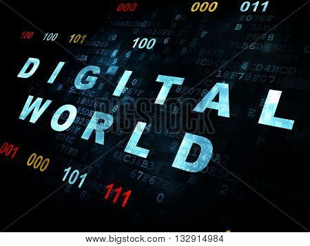 Information concept: Pixelated blue text Digital World on Digital wall background with Binary Code