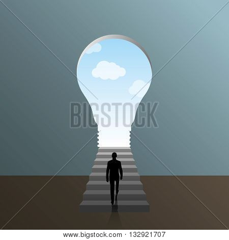man climbing to door in form light bulb. Great bright idea for success.