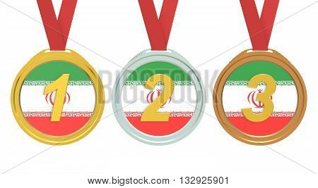 Gold Silver and Bronze medals with Irak flag 3D rendering