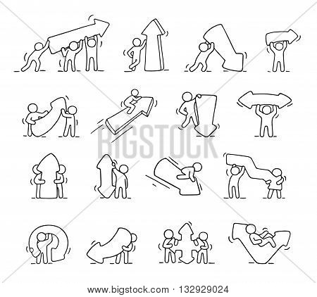 Cartoon icons set of sketch working little people with arrows. Doodle cute miniature scenes of workers with arrows. Hand drawn vector illustration for business design and infographic.