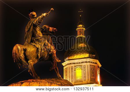 Bogdan Khmelnitsky Equestrian Statue Saint Sophhia Sofiyskaya Square Kiev Ukraine. Founder of Ukraine Cossack State in 1654. Statue created 1881 by Sculptor Mikhail Mykeshin
