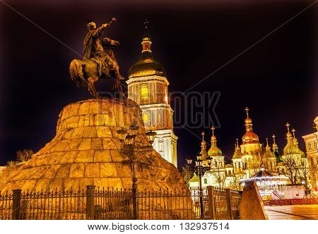Bogdan Khmelnitsky Equestrian Statue Saint Sophhia Sofiyskaya Square Kiev Ukraine. Founder of Ukraine Cossack State in 1654. Statue created 1881 by Sculptor Mikhail Mykeshin