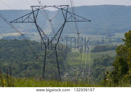 Industrial Power Lines Running Over Mountains in rural Maryland