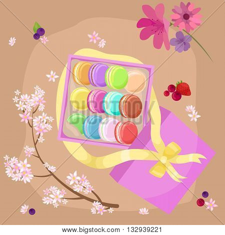 Sweet and colourful french macaroons or macaron vector illustration. Dessert fruit macaroons and different colors macaroons. Pasty traditional sweet macaroons biscuit dessert france delicious.
