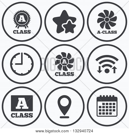 Clock, wifi and stars icons. A-class award icon. A-class ventilation sign. Premium level symbols. Calendar symbol.