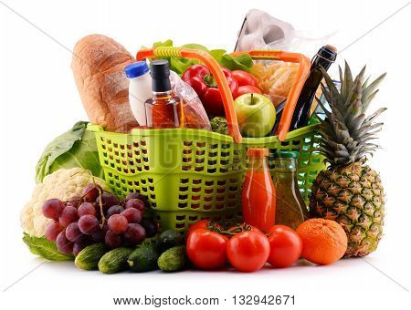 Plastic Shopping Basket With Assorted Gorcery Products