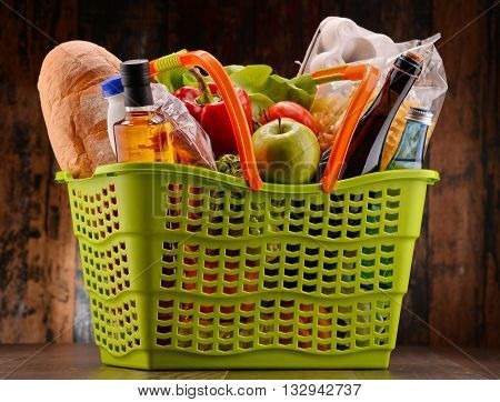 Plastic Shopping Basket With Assorted Gorcery Products