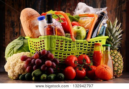 Plastic Shopping Basket With Assorted Gorcery Products