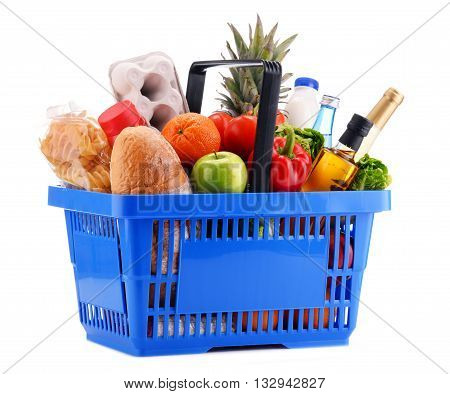 Plastic Shopping Basket With Assorted Gorcery Products