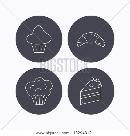 Croissant, brioche and piece of cake icons. Sweet muffin linear sign. Flat icons in circle buttons on white background. Vector